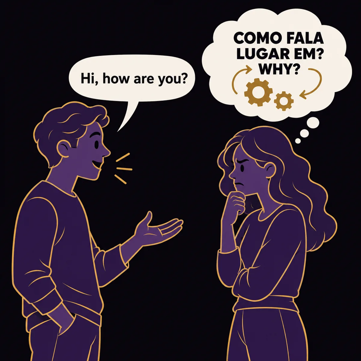 Duas pessoas conversando; uma pensa: como fala lugar em? why?